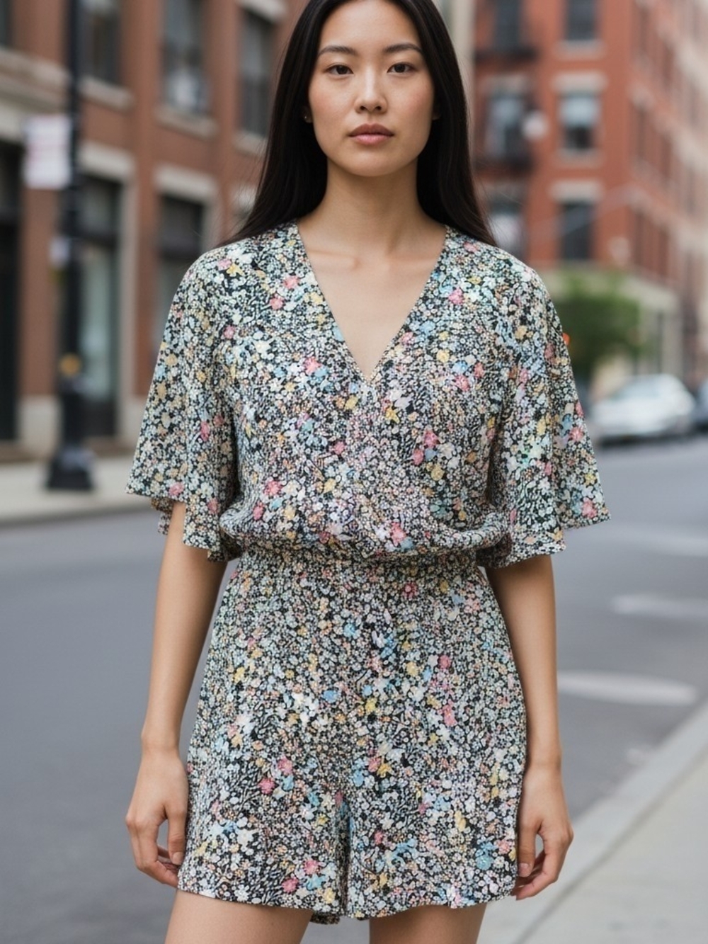 Floral V-Neck Short Romper in Black with Pastel Florals Boho V Neck Festival M